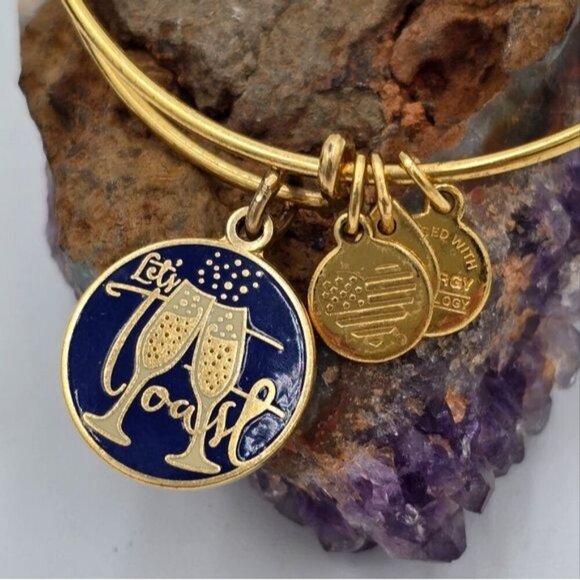 Alex and Ani 'Let's Toast' Gold Tone Bangle Charm Bracelet Celebration Jewelry - Picture 2 of 4